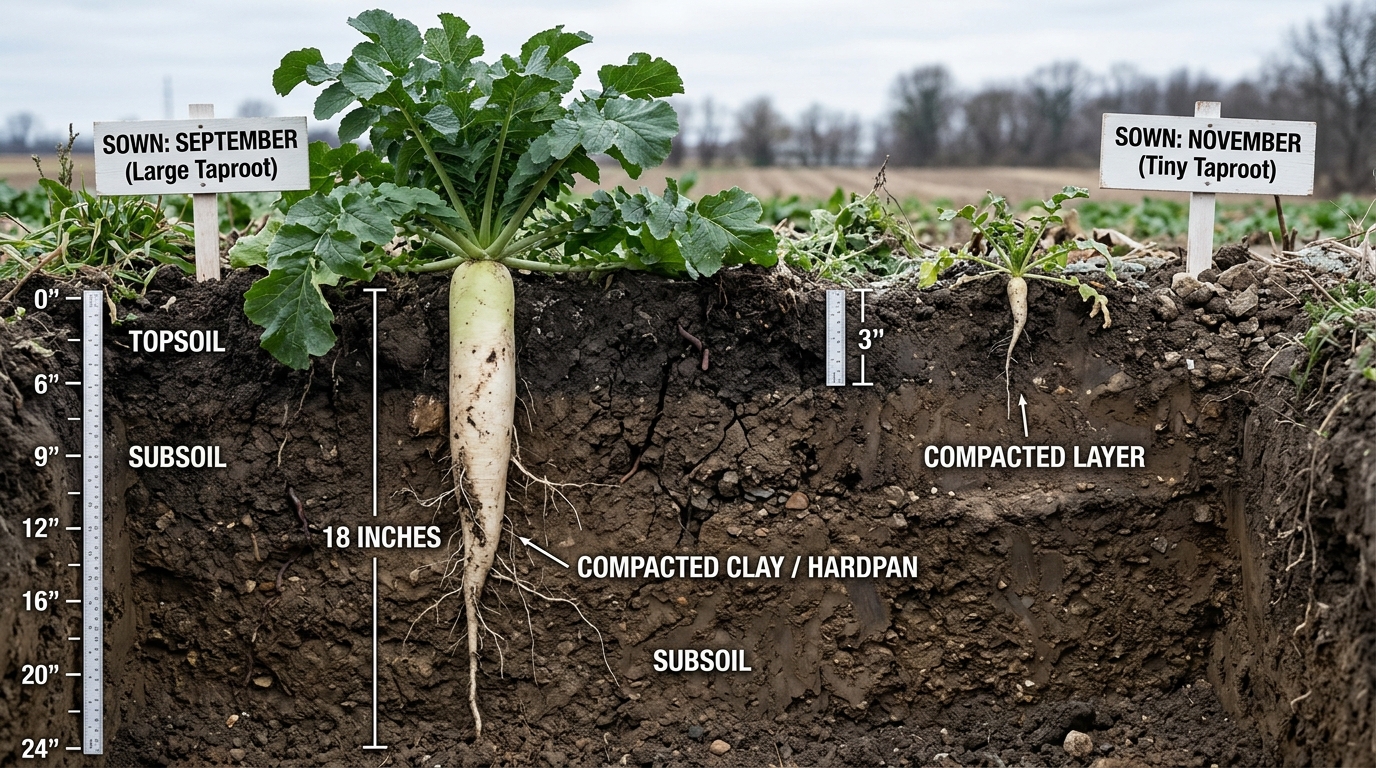 Soil cross-section comparing September-sown daikon radish with massive 18-inch taproot piercing compacted hardpan versus November-sown radish with tiny 3-inch stunted root