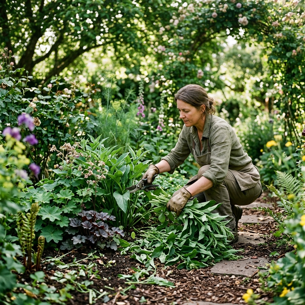 A gardener cutting back garden plants and leaving trimmings directly on the soil as a natural mulch in a curated garden bed