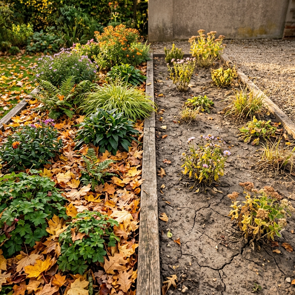 Side-by-side garden beds: left side thriving with lush plants and leaf mulch, right side showing struggling plants in cracked dry bare soil