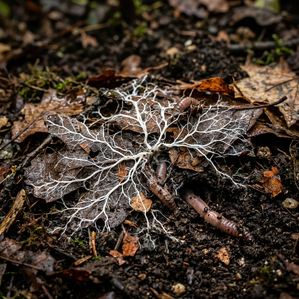 Macro photograph of white mycelium threads spreading across decomposing autumn leaves on dark soil, with earthworms visible