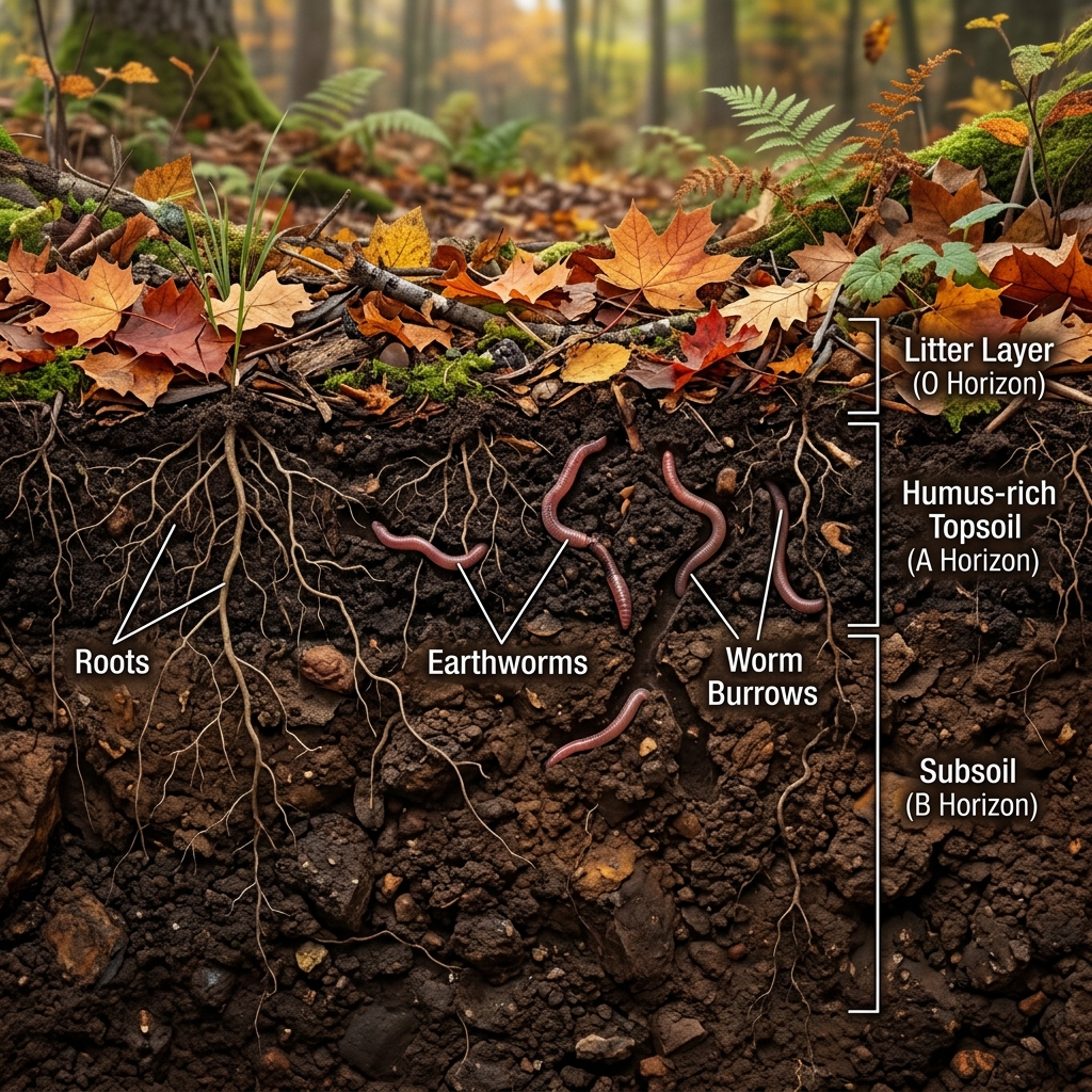 A cutaway cross-section of healthy garden soil showing leaf litter on top, dark humus below, with earthworm burrows and roots