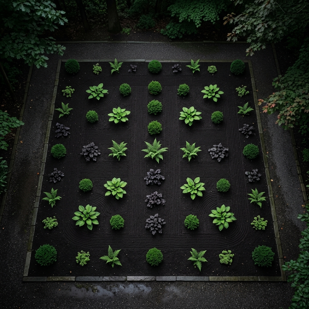 An overhead view of an immaculately raked, sterile garden bed with bare black soil between ornamental plants