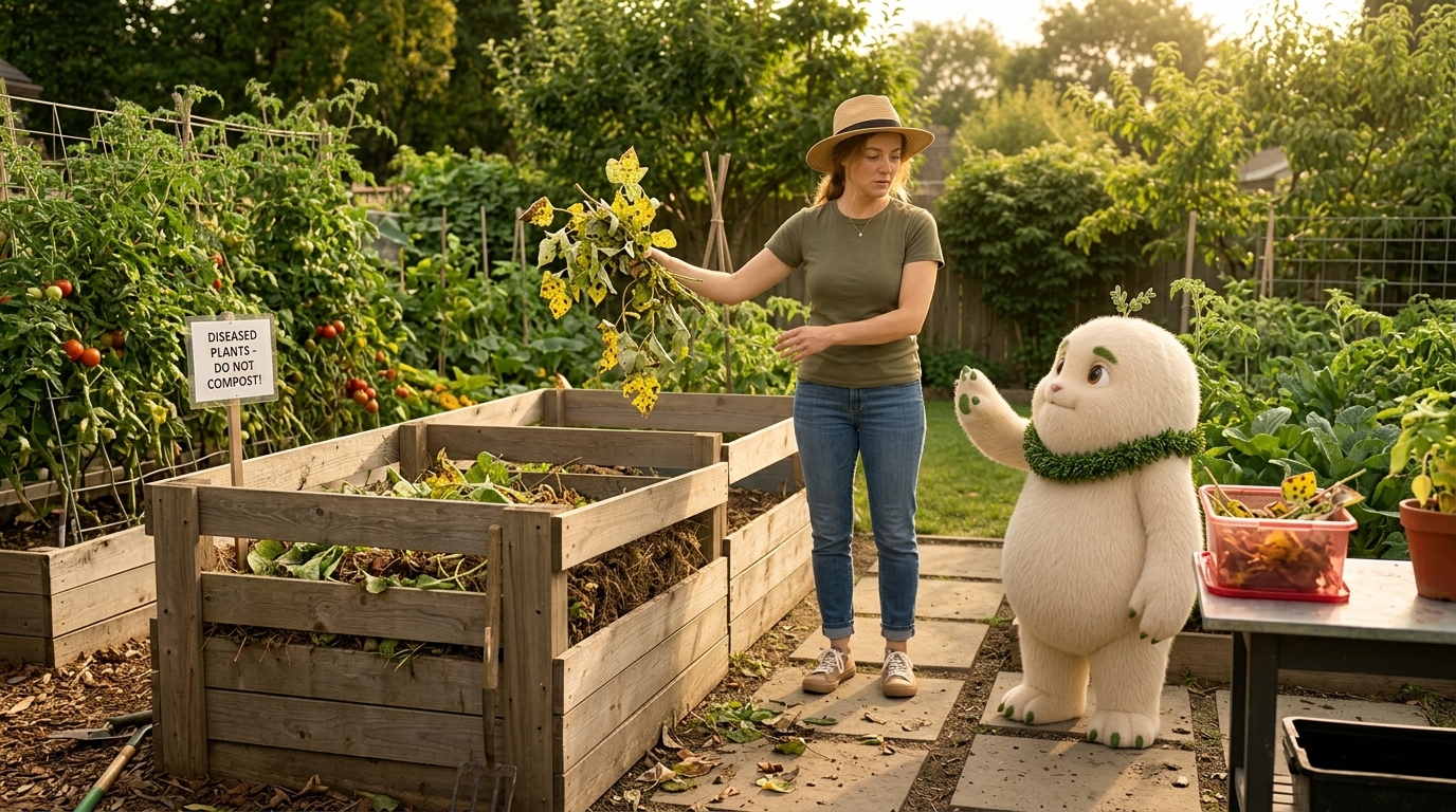 Sophie the gardener holding diseased spotted plant vines away from a wooden backyard compost bay while Sprouty warns her on the garden path