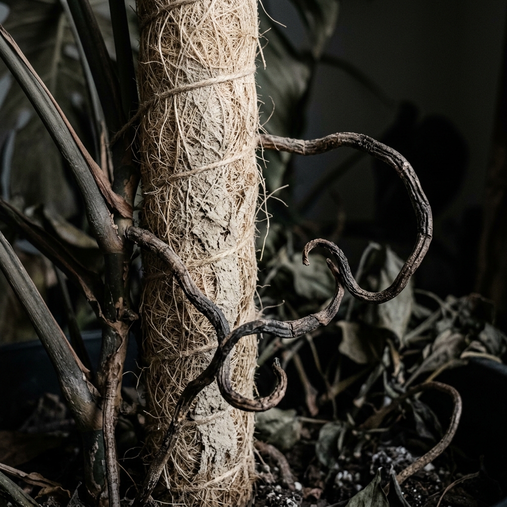 A dry coco coir moss pole with shriveled brown Monstera aerial roots curling away from it, refusing to attach