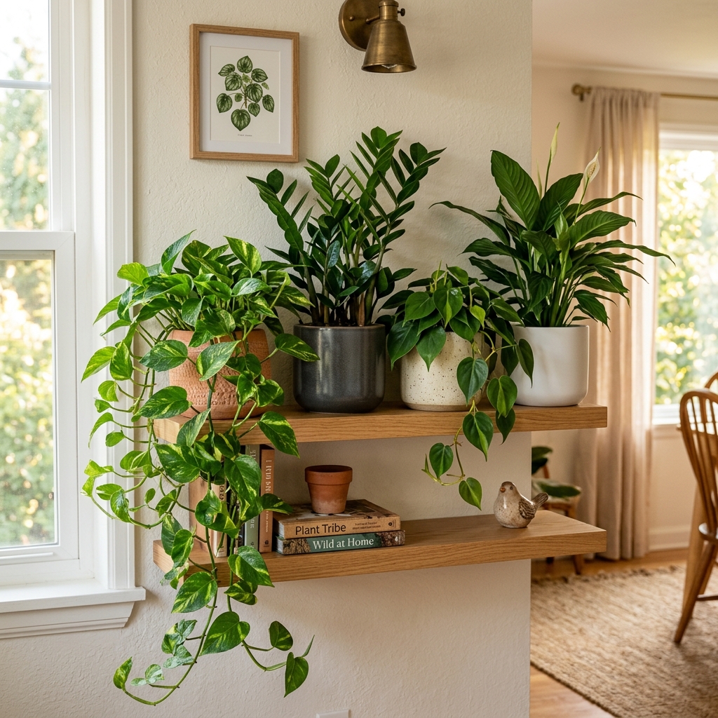 A beautiful warm apartment shelf with thriving tropical houseplants: cascading pothos, dark ZZ plant, heartleaf philodendron, and peace lily, all healthy in natural window light