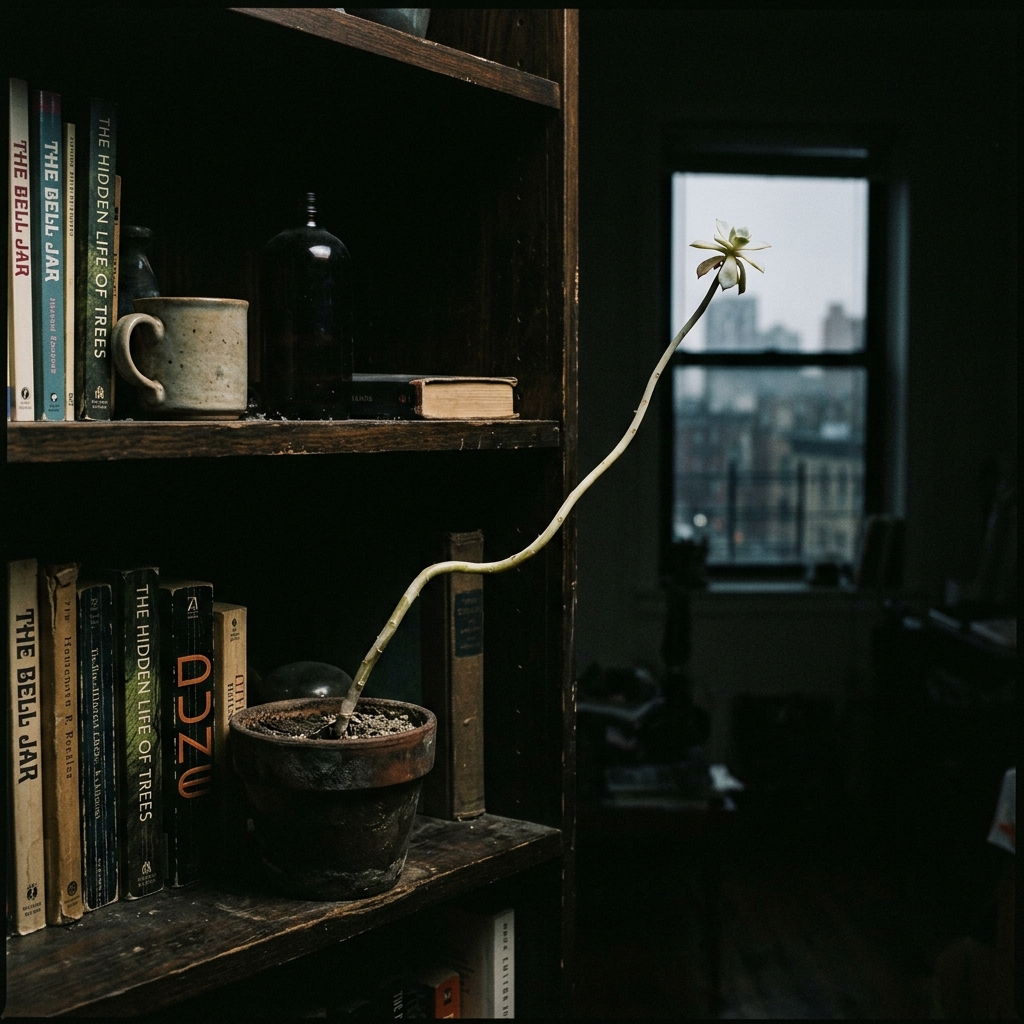 A leggy, pale, etiolated succulent stretching grotesquely toward a dark apartment window on a dimly lit bookshelf