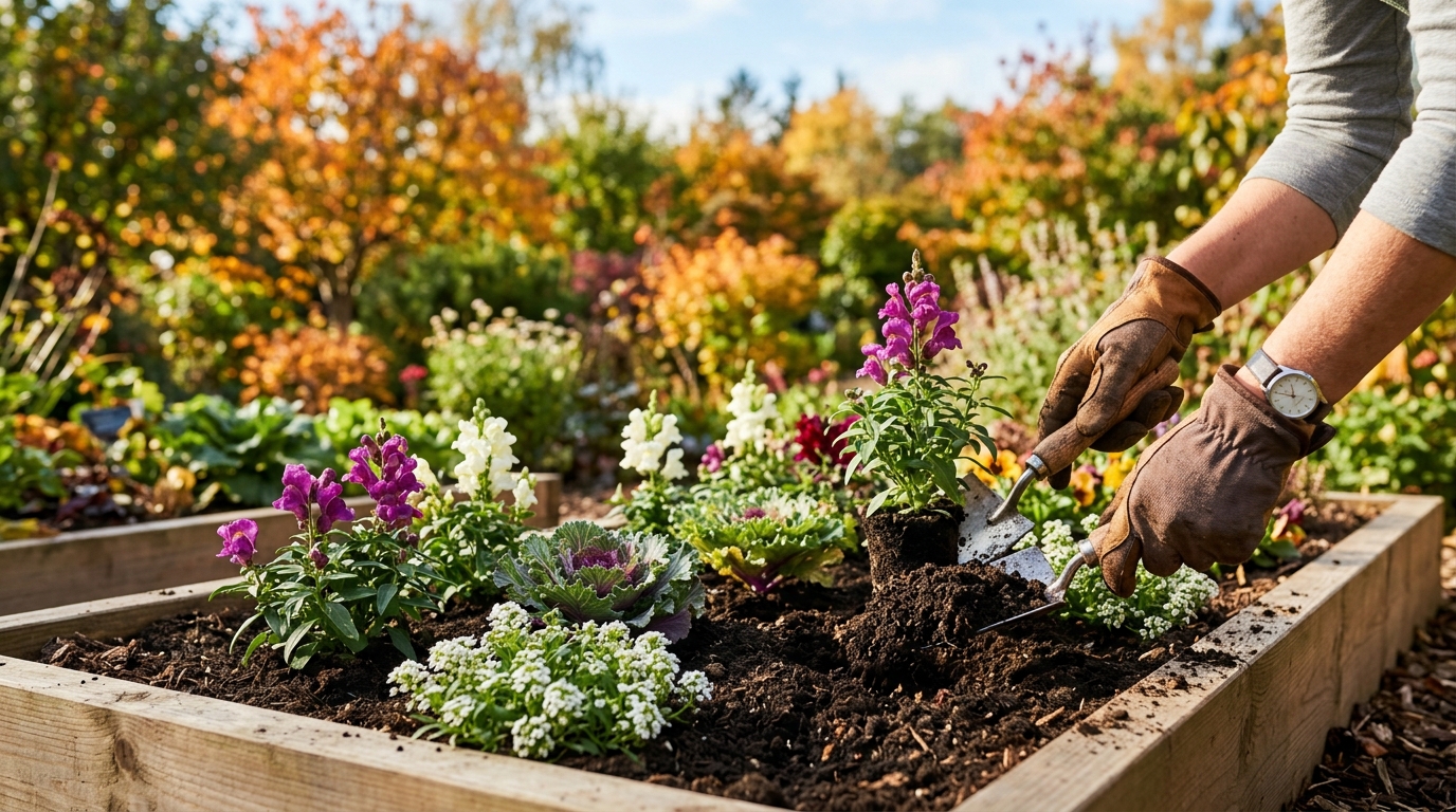 A gardener amending garden bed soil with rich compost and planting non-host fall flowers including snapdragons, ornamental kale, and sweet alyssum with a hand trowel