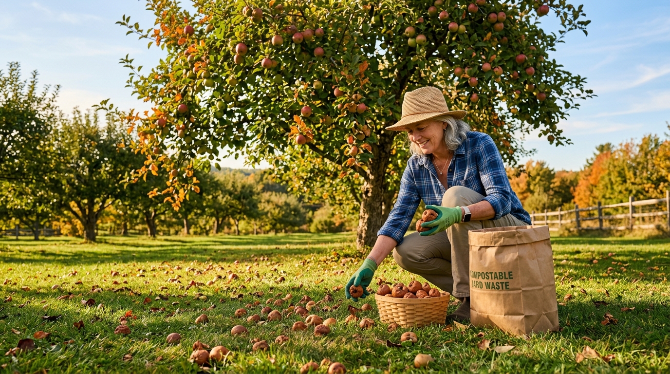 A gardener in a straw hat picking up fallen, diseased apples from the grass under a fruit tree and placing them into a paper yard-waste bag