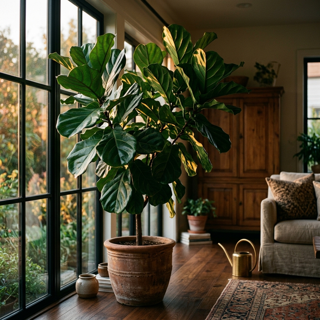 A stunning lush Fiddle Leaf Fig tree with massive deep green leaves catching golden hour sunlight from a large window