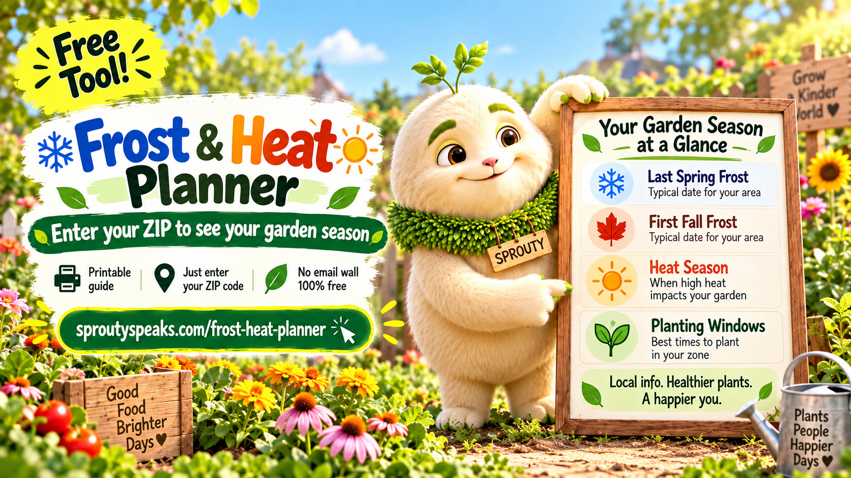 Sprouty presenting the free Frost and Heat Planner: ZIP lookup, frost dates, heat season, and planting windows