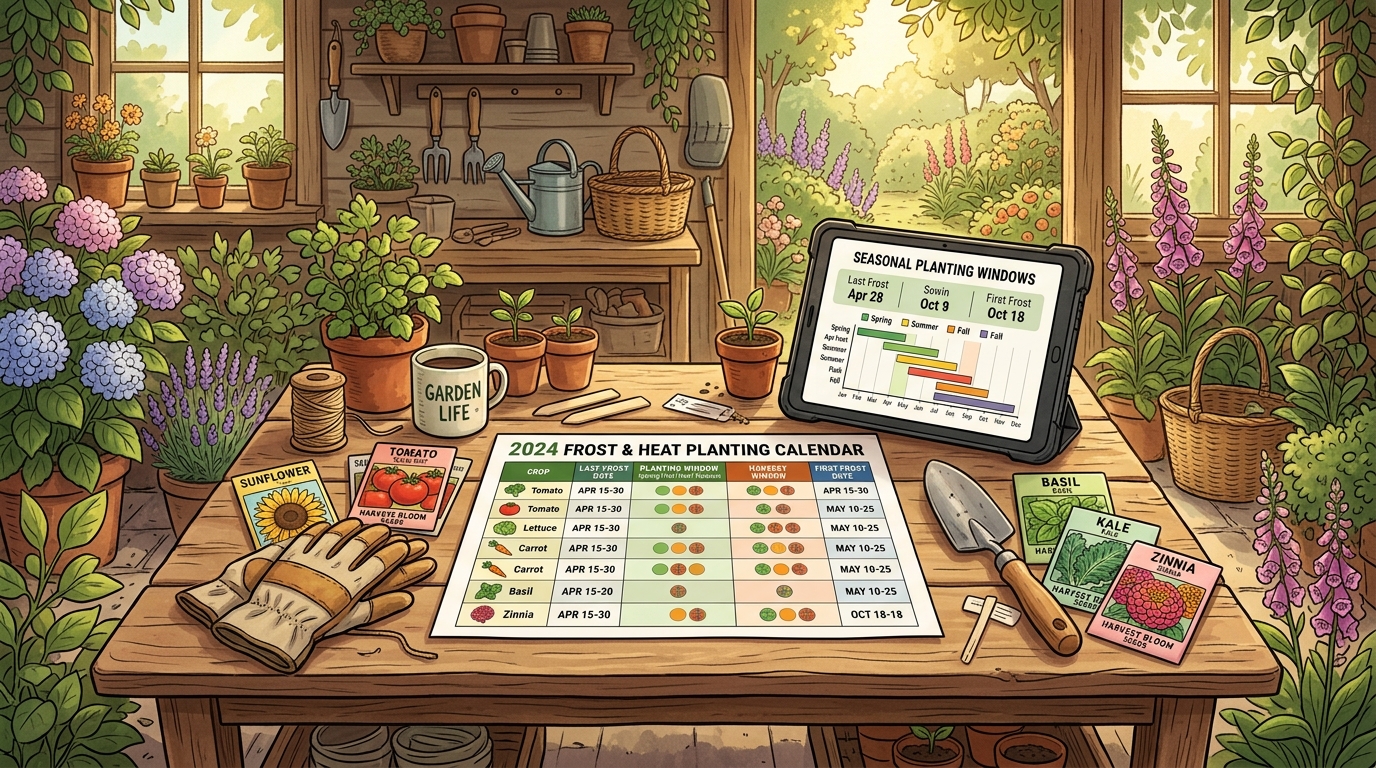 Gardener's workstation showing a printable frost and heat planting calendar laid out on a potting table next to seed packets and garden tools