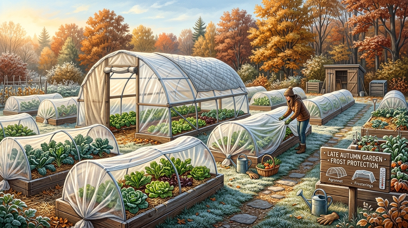 Autumn vegetable garden beds protected by floating row covers and low hoop tunnels against early frosts