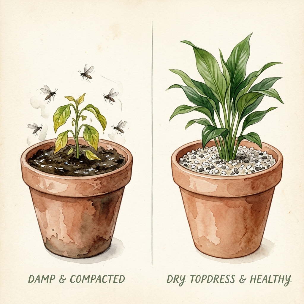 Side-by-side watercolor illustration: left pot with dark, damp compacted soil and gnats hovering above; right pot with pale perlite topdress, no gnats, and a thriving healthy plant