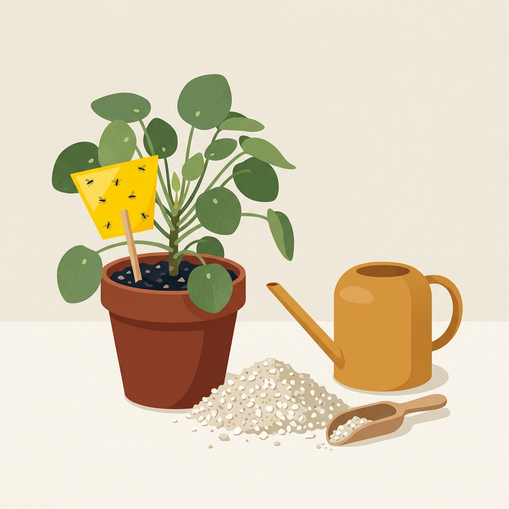 Flat botanical illustration of a potted plant with a yellow sticky trap inserted in the soil, a watering can for controlled bottom-watering, and a pile of coarse perlite topdressing nearby