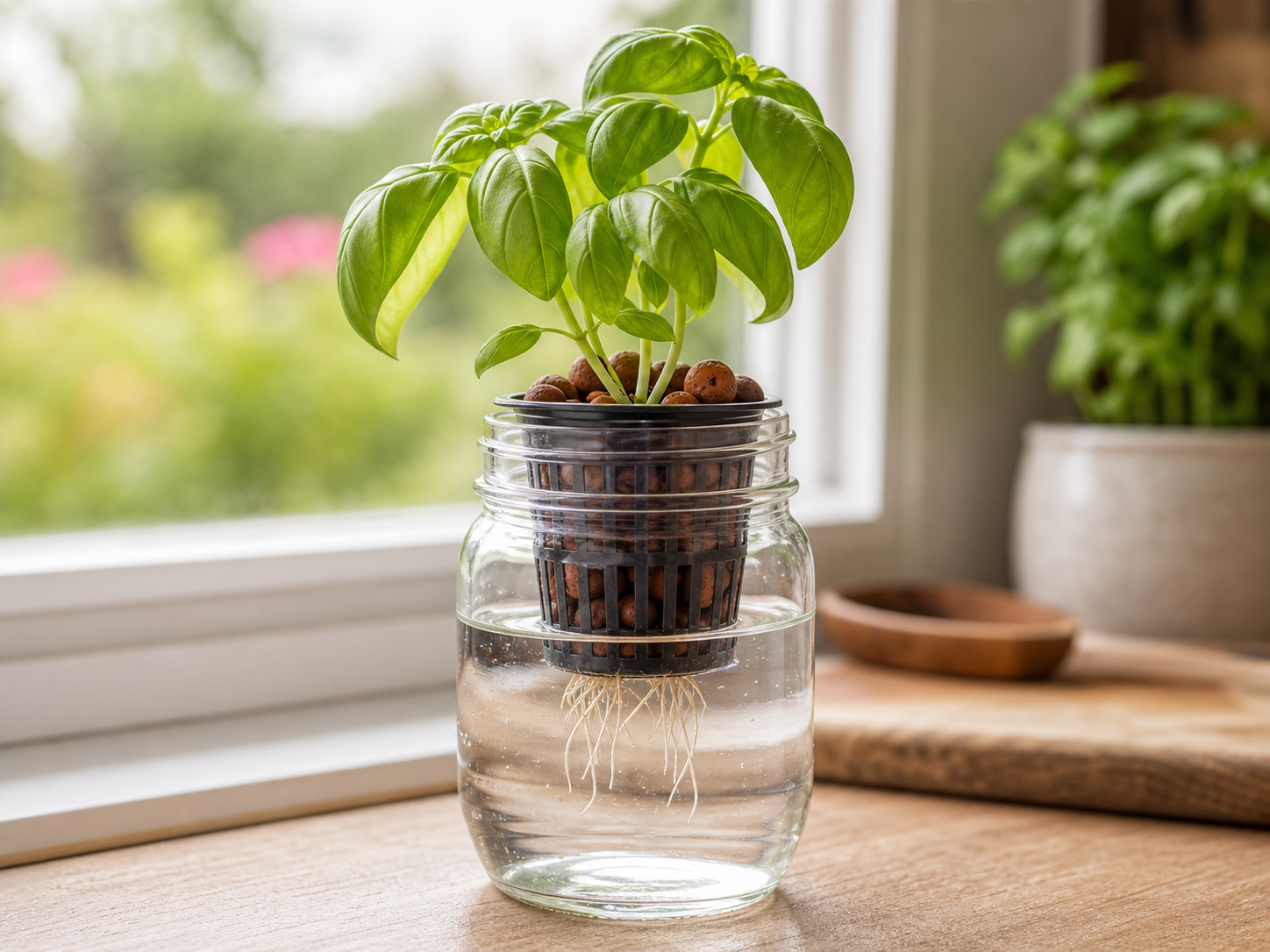 Clear mason jar hydroponic herb kit with a black net pot, terracotta clay pebbles, basil plant, clean water, and fine white roots