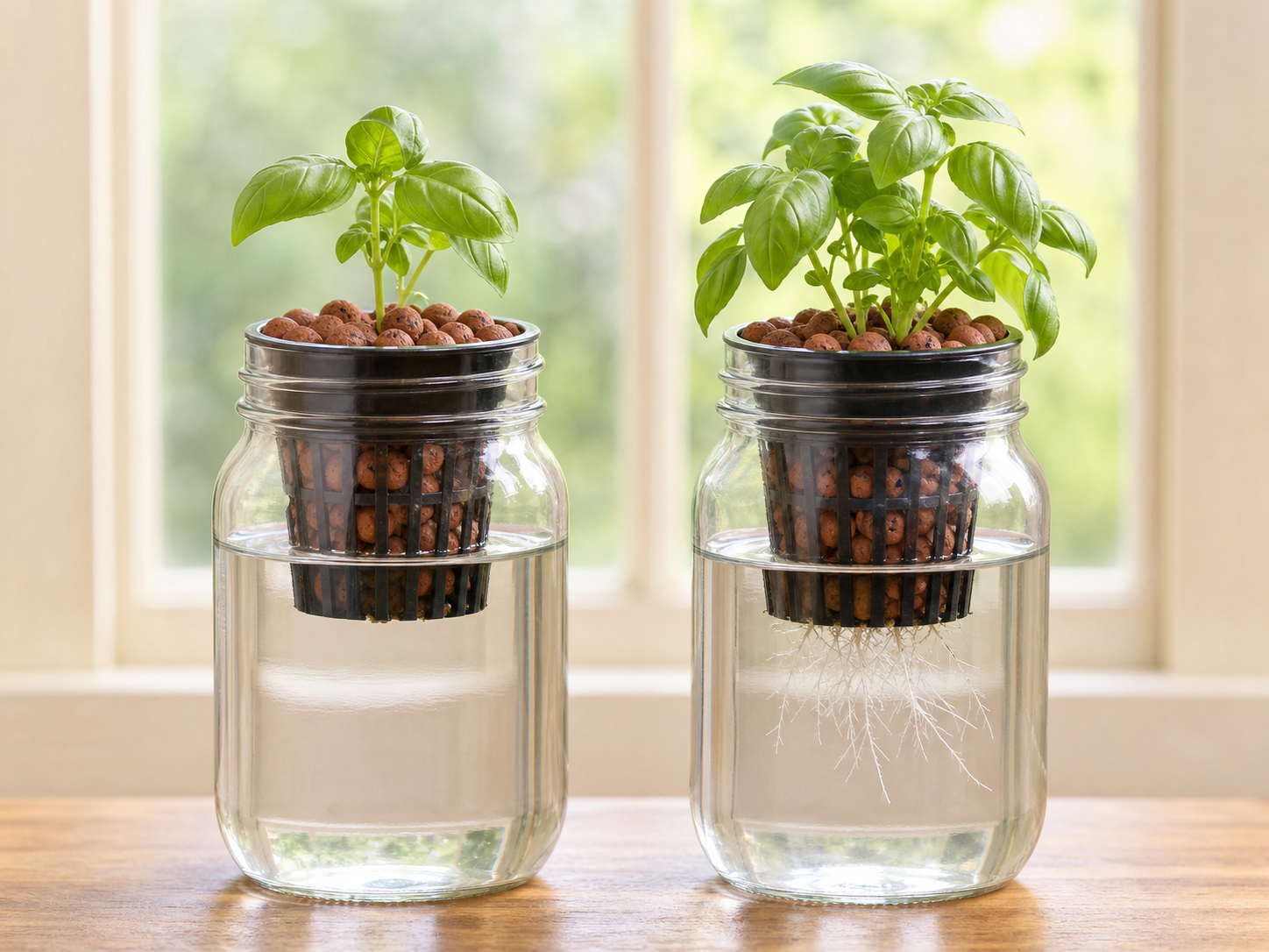 Two matching mason jar hydroponic basil kits side by side, with no visible roots in the new setup and fine white roots in the established setup