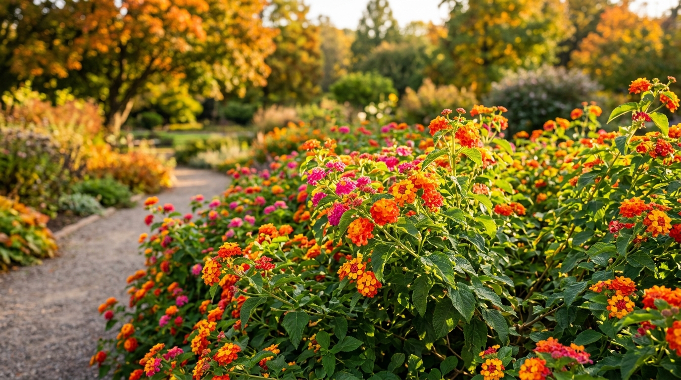 Lush fall-blooming lantana bushes in full bloom along a sunny garden border with vibrant orange, yellow, and red flower clusters in warm autumn light