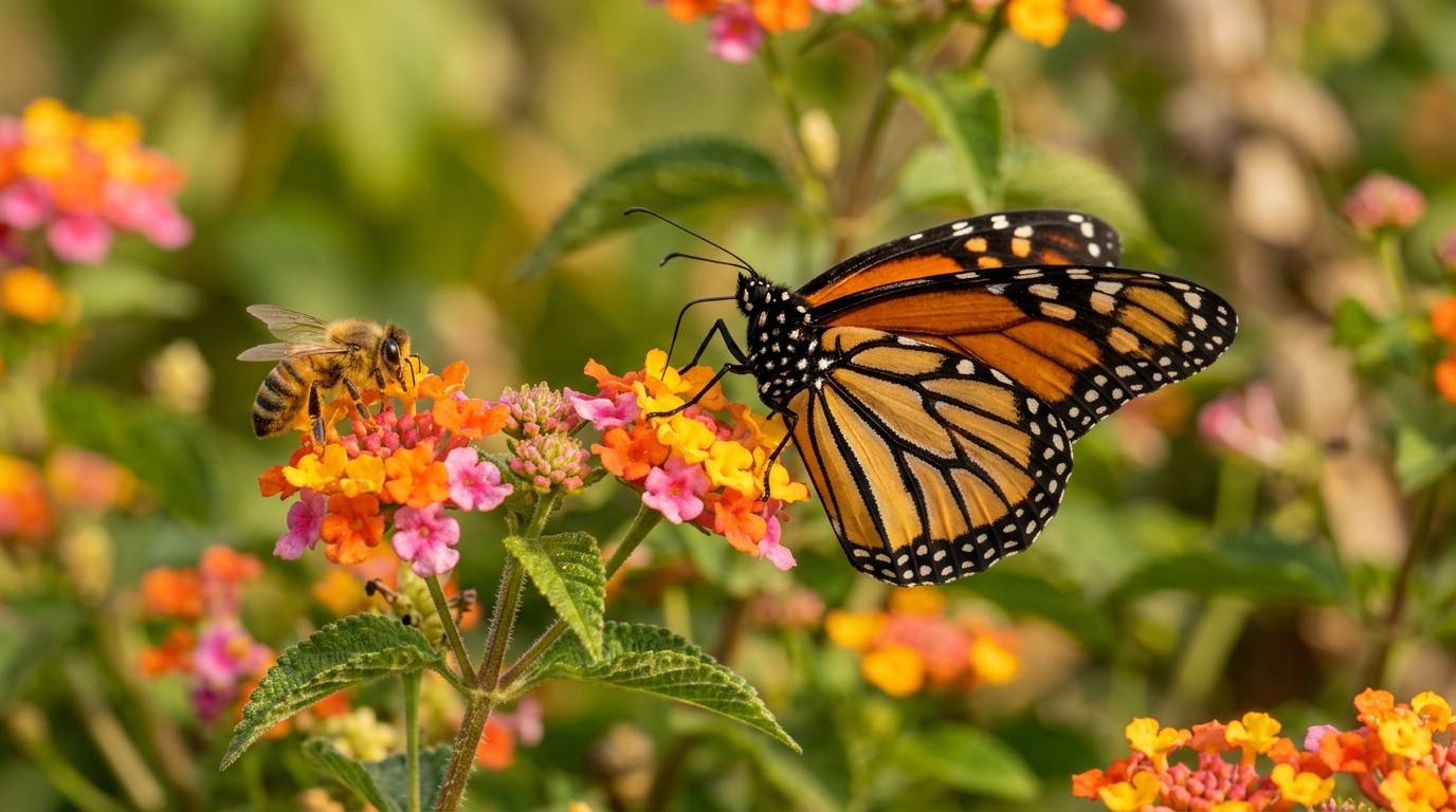 Macro photograph of a monarch butterfly and honeybee feeding on colorful lantana flower clusters in warm autumn sunshine