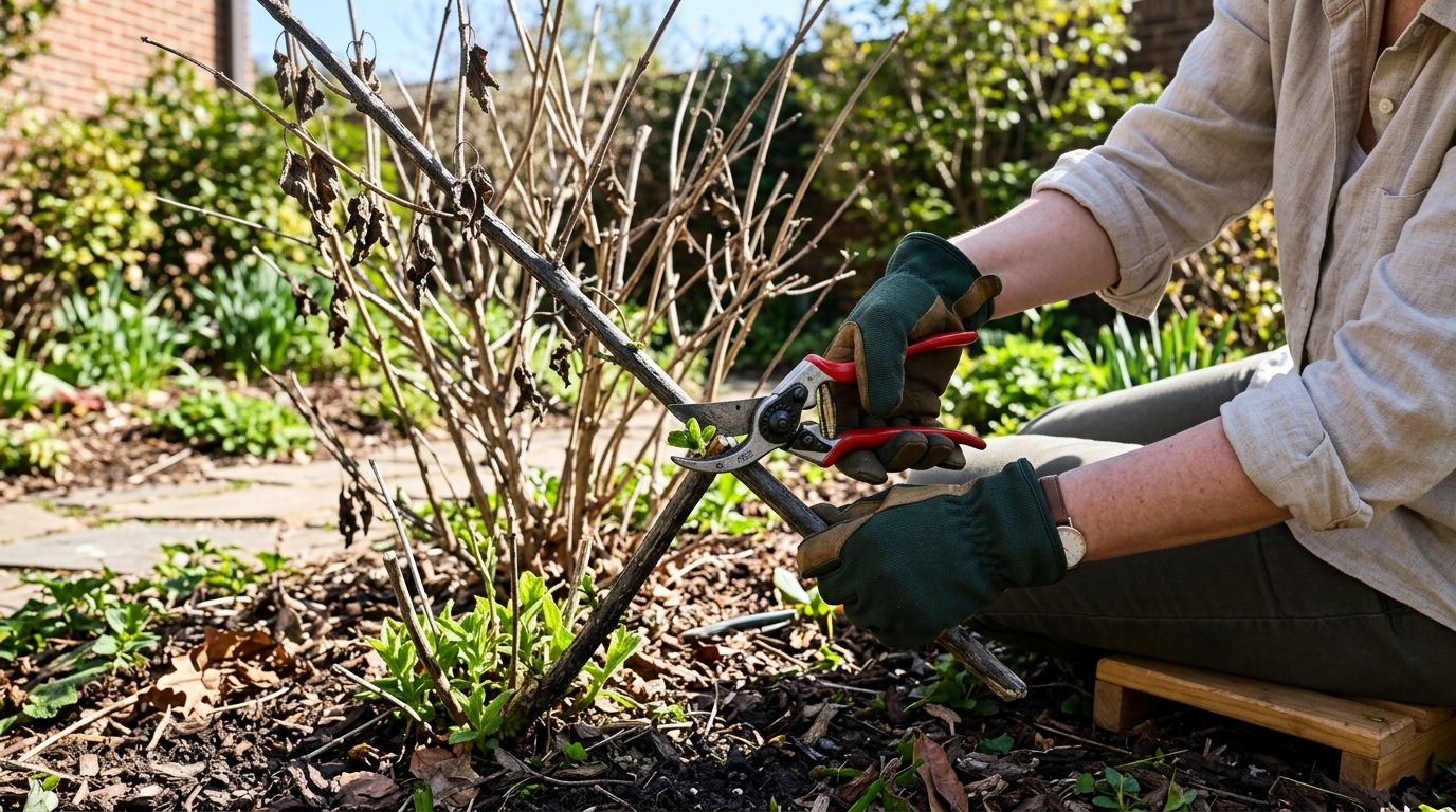 Gardener using sharp bypass hand pruners to cut back dormant woody lantana stems in late winter or early spring as fresh green basal shoots emerge