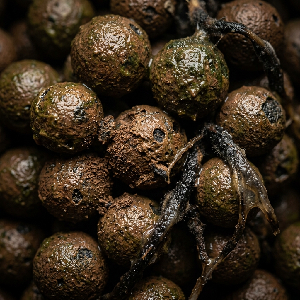 Extreme macro close-up of dirty LECA pebbles coated in brown and green biofilm slime with blackened rotting root fragments between them