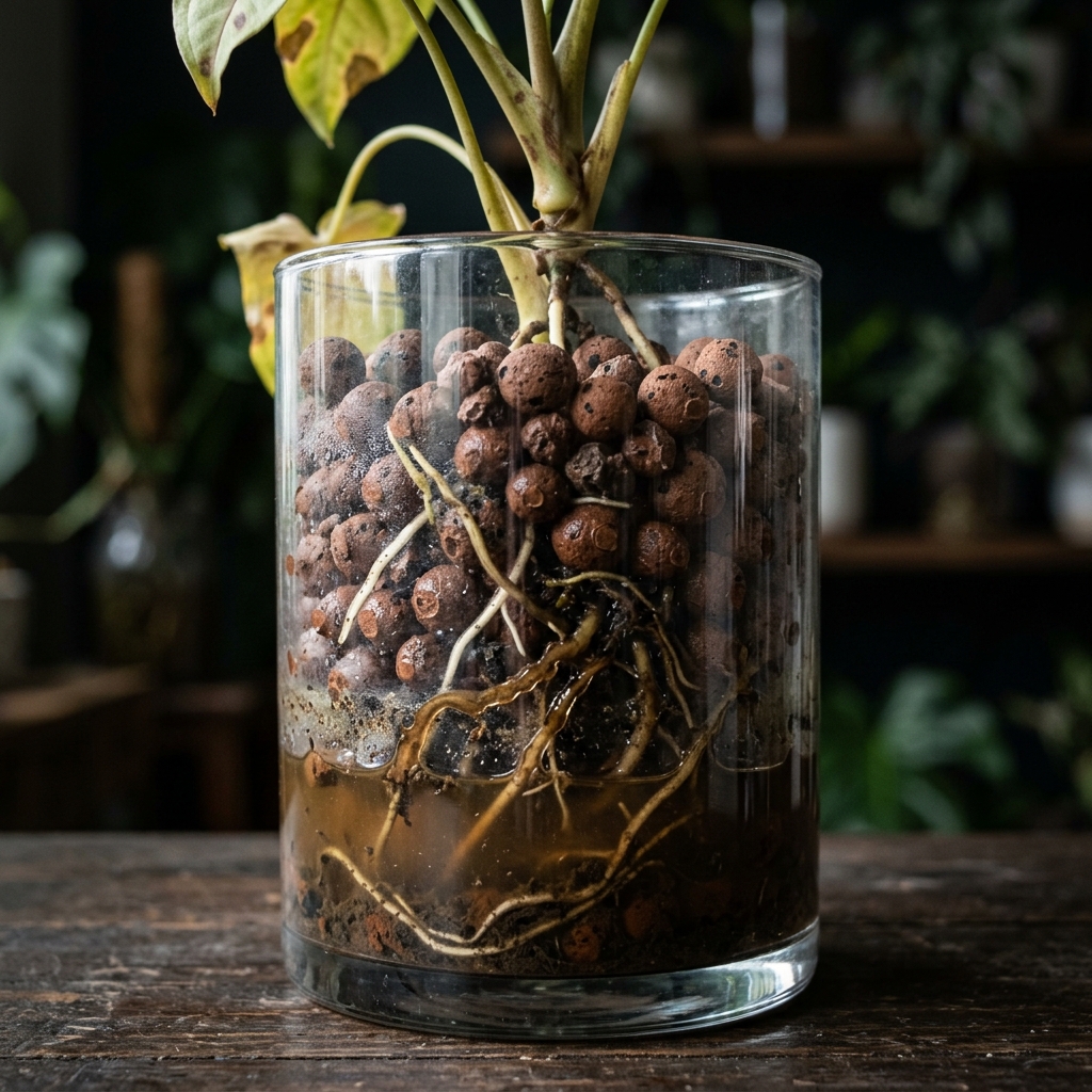 A clear glass pot of LECA clay pebbles showing murky dark stagnant water at the bottom with browning roots partially submerged
