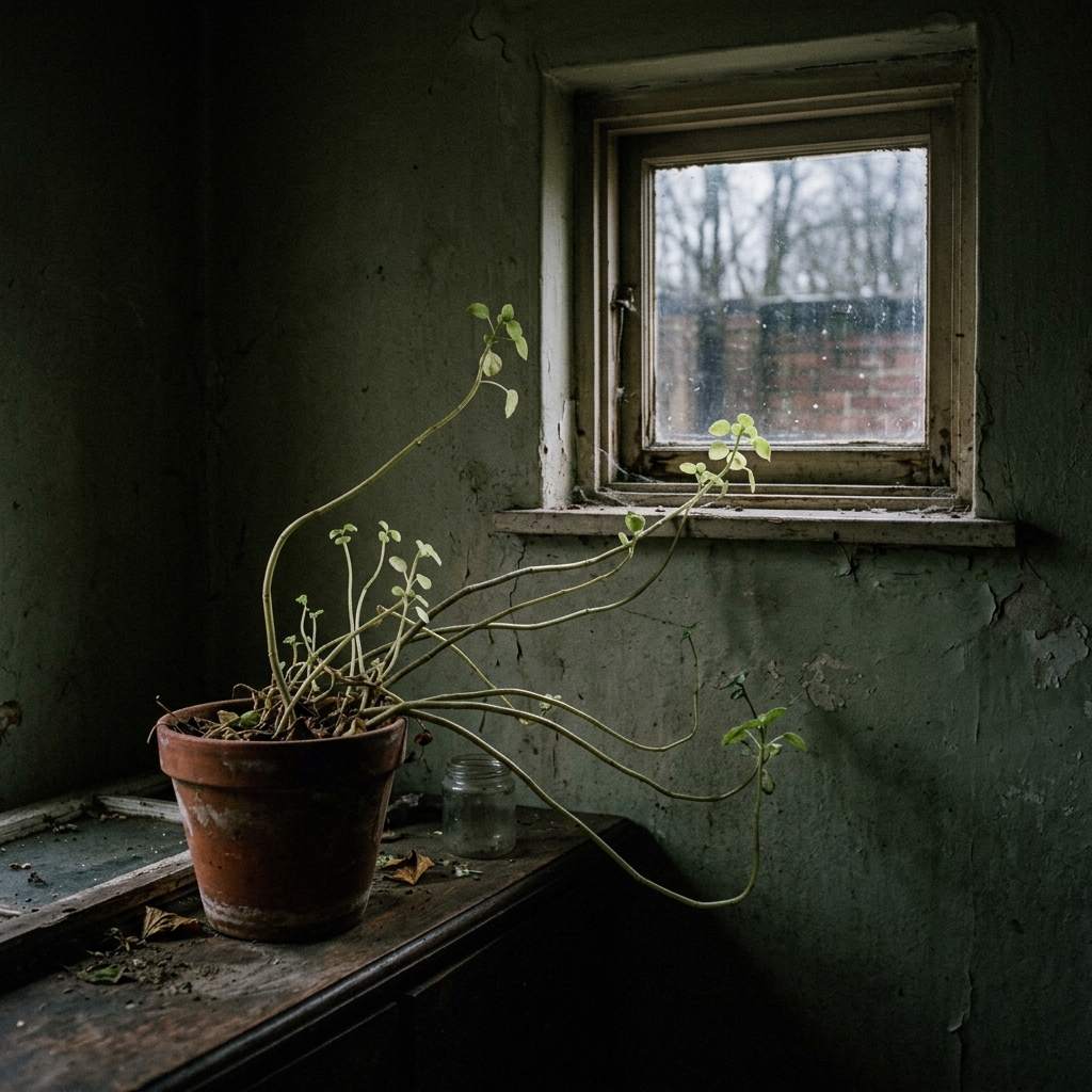 A leggy houseplant stretching desperately towards a small window due to poor indoor lighting