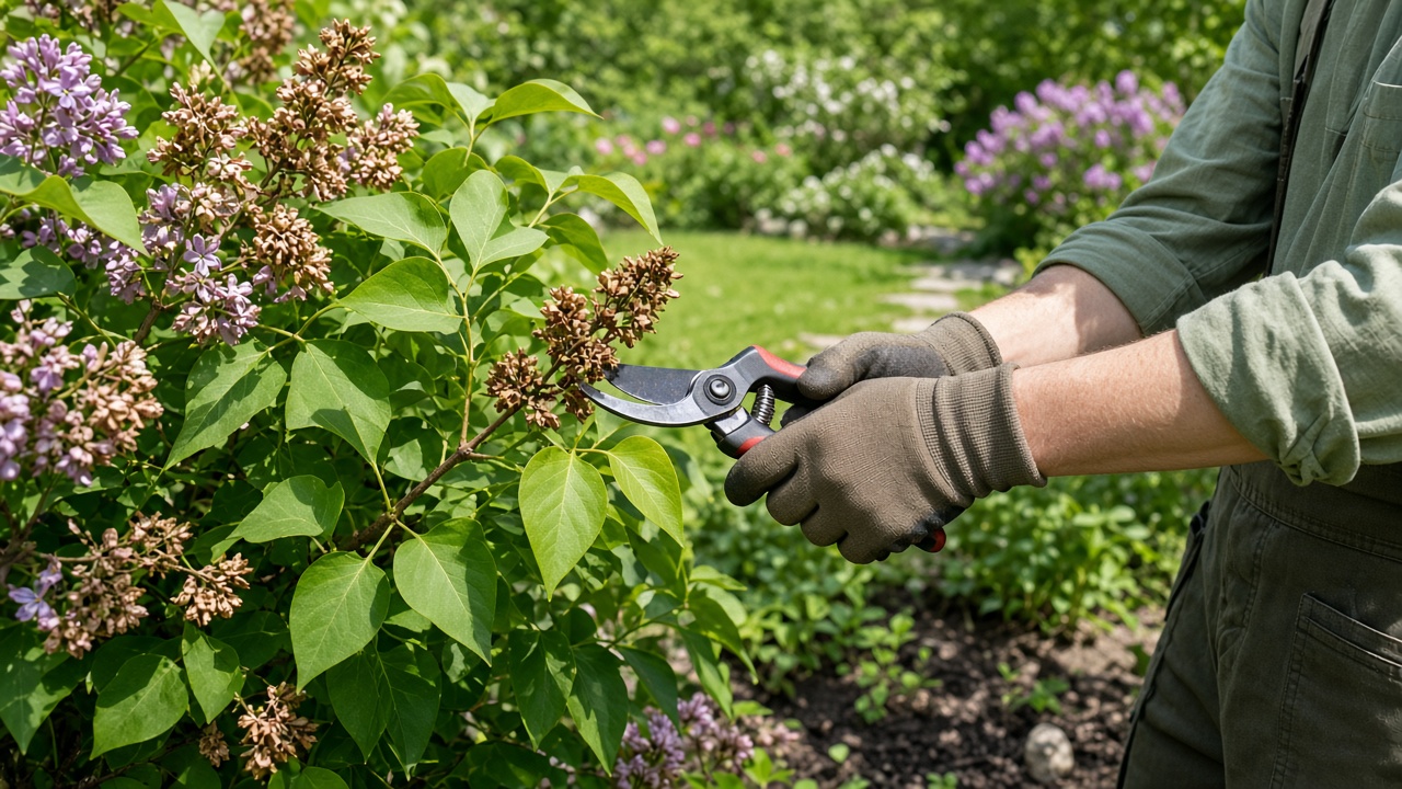Deadheading a lilac with bypass pruners right after spring bloom fades