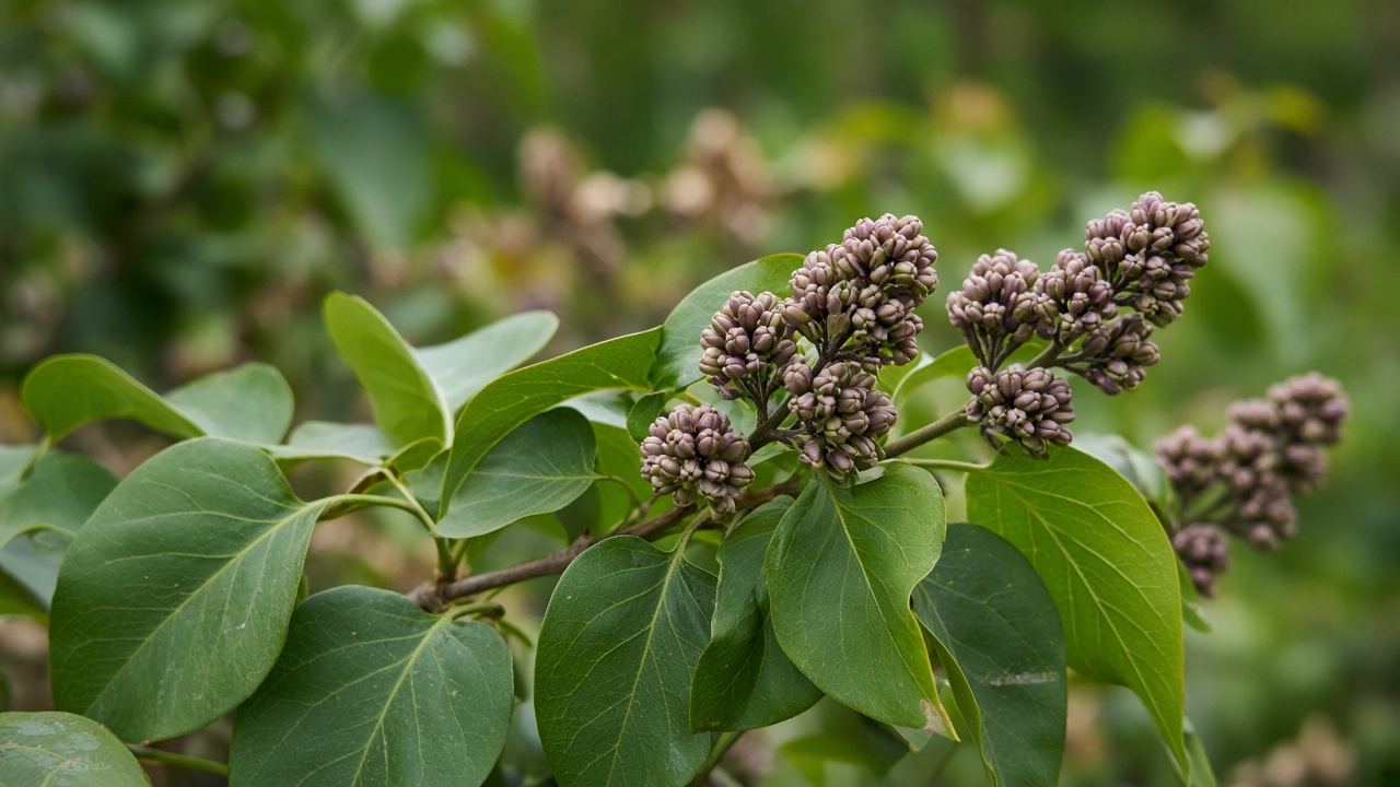 Close-up of lilac branch tips in early autumn with plump flower buds already formed