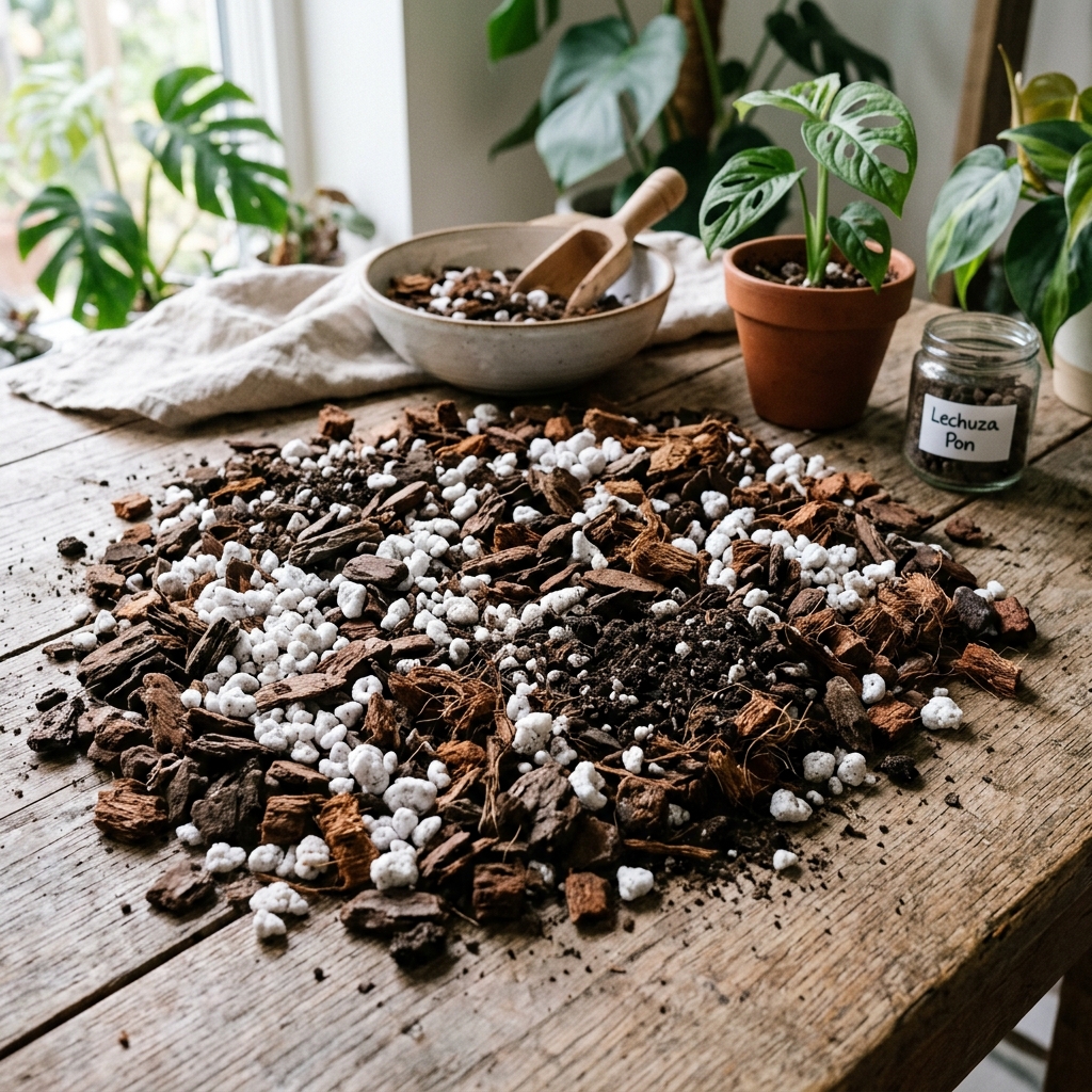 Chunky aroid potting mix spread on a wooden table showing orchid bark, white perlite, coco coir, and worm castings