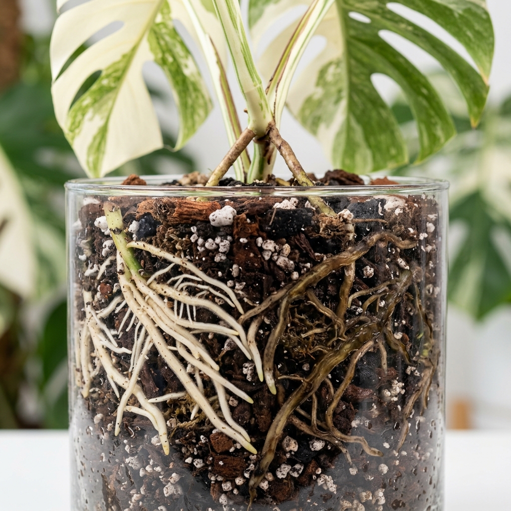 Monstera roots in a clear glass pot showing healthy white roots alongside dark brown rotting roots