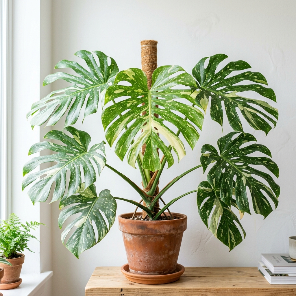 Monstera Thai Constellation in a terracotta pot with stunning cream and white variegated fenestrated leaves