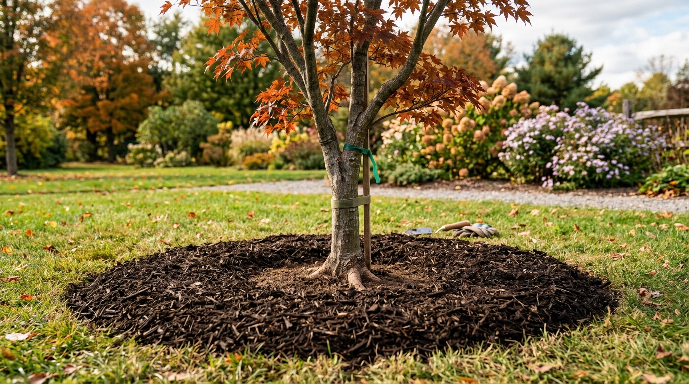 Proper tree mulching showing a flat, even donut ring of brown mulch spread 2 to 3 inches deep with the root flare exposed