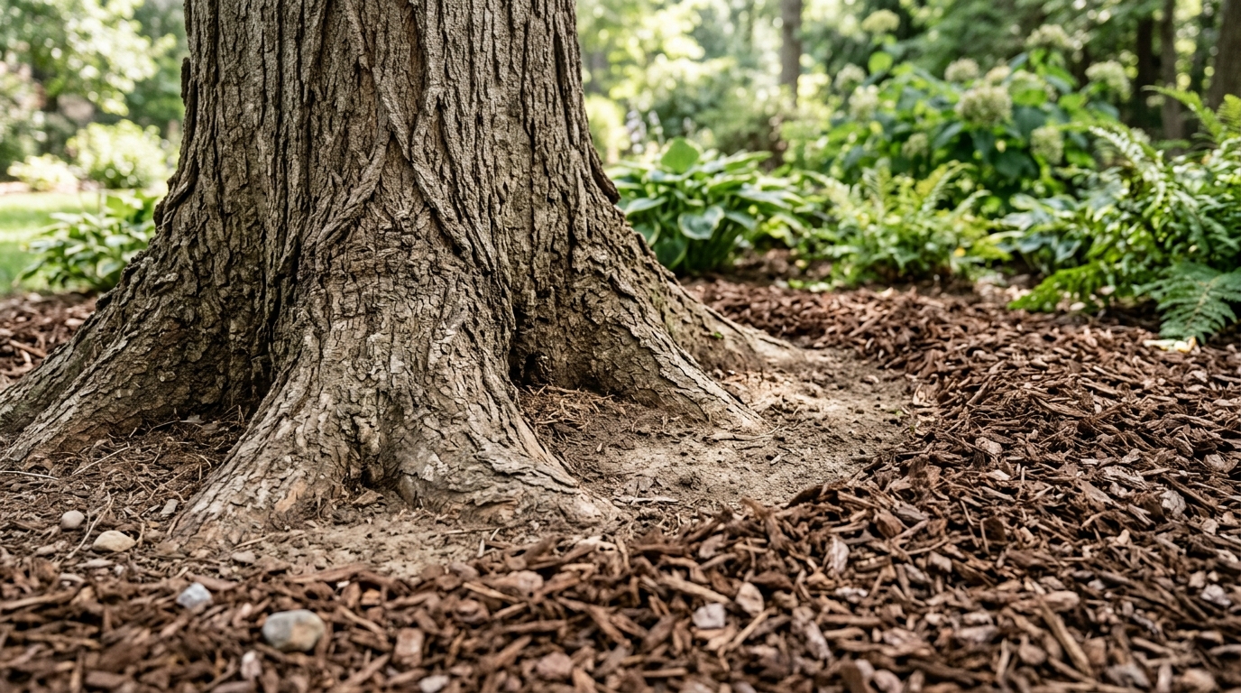 Macro close-up detail of a tree base showing a clean, dry trunk flare with a 3-inch gap separating the bark from the surrounding organic mulch ring