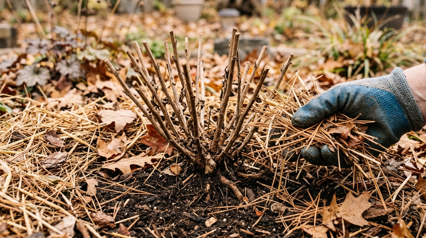 Loose straw and pine needle mulch being tucked around the base and standing stems of an overwintering hardy mum in late fall