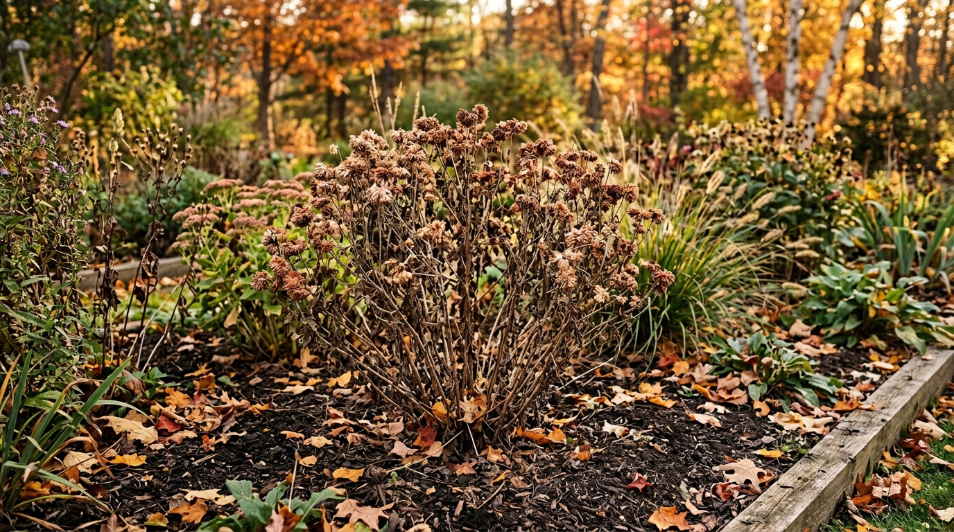 Spent hardy garden chrysanthemum clump with standing dried stems and faded flower heads left uncut in an autumn garden bed in golden afternoon light