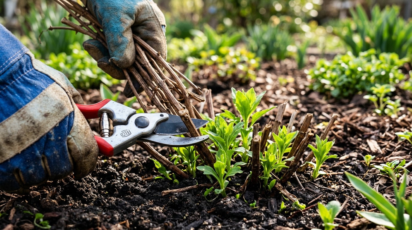 Bypass pruners carefully cutting back dead brown mum stems 2 inches above ground level where fresh green shoots are emerging in spring