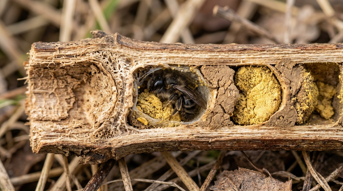 Macro cross-section of a hollow dried perennial stem revealing a solitary native bee nesting inside with pollen provision partitions