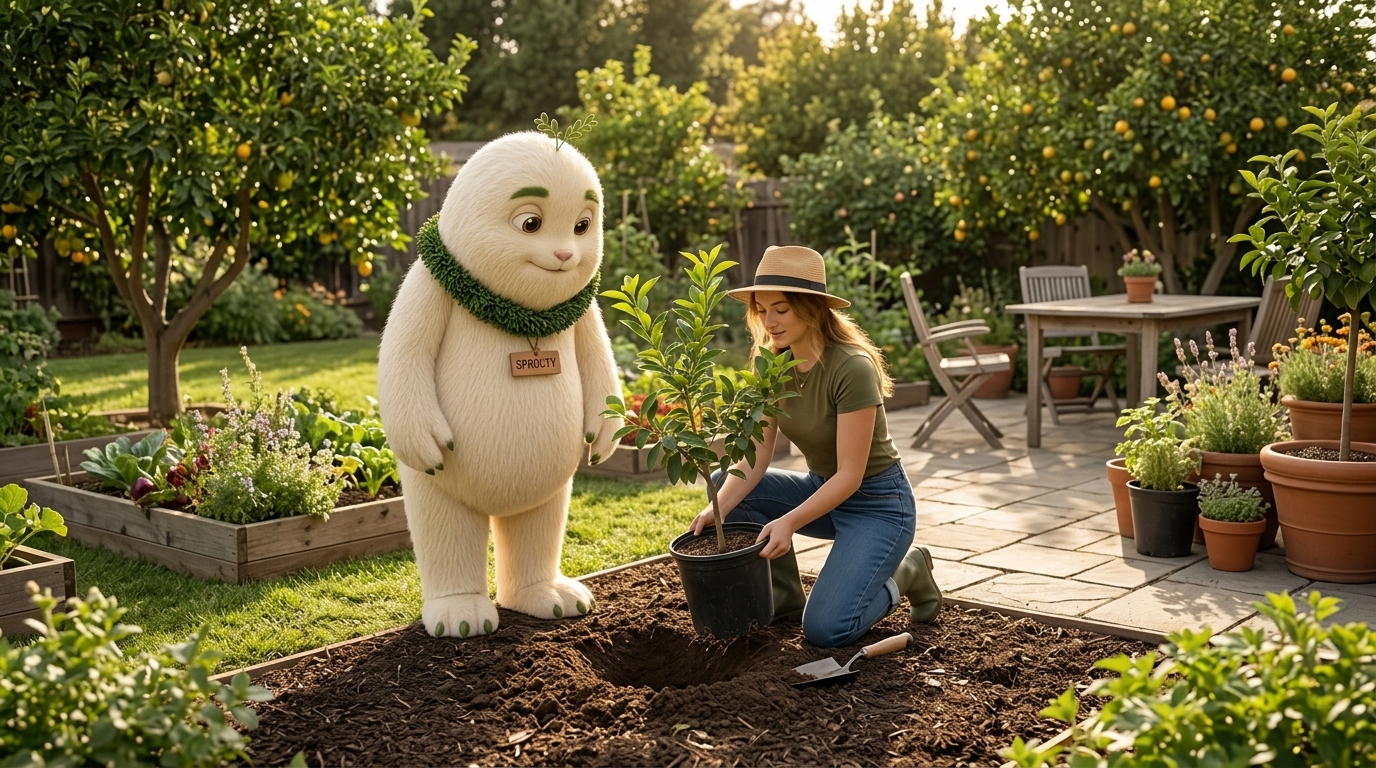 Sprouty advising Sophie beside a freshly dug garden planting hole as she holds a potted young citrus tree in a nursery container under warm September sunlight