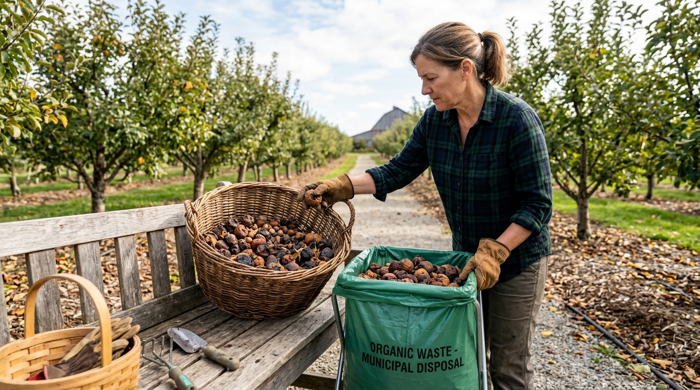 A gardener transferring collected mummy fruit and cling nuts from a harvest basket into a green organic waste municipal disposal bag