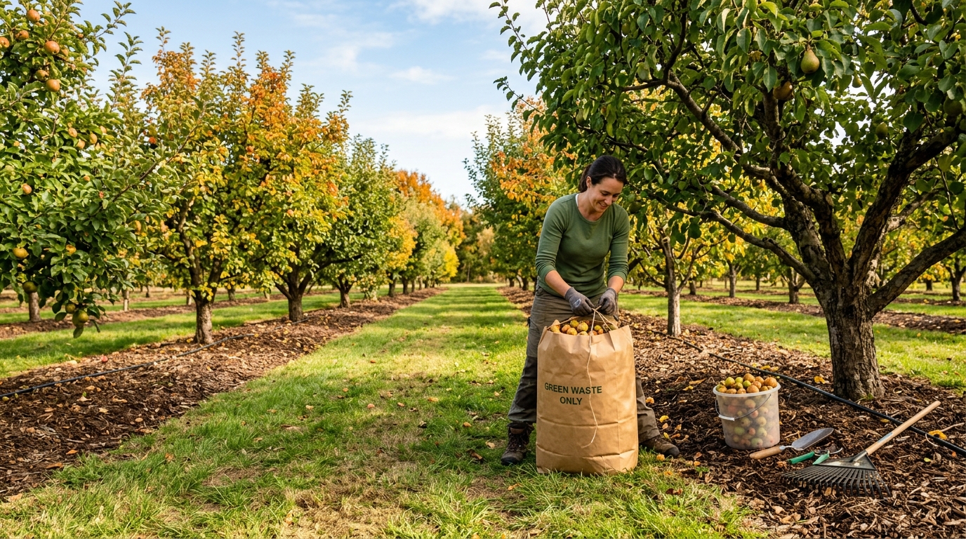 A gardener bagging culled fallen fruit in a municipal green-waste paper bag on a clean, well-maintained orchard floor