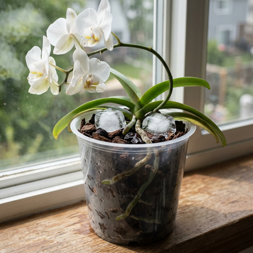 White Phalaenopsis orchid in a clear pot on a windowsill with three ice cubes melting on the bark surface — roots visible through the pot walls showing early signs of cold stress