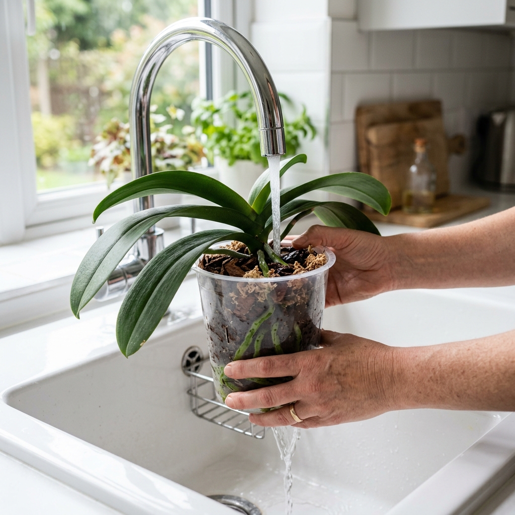 Hands running room-temperature water from a kitchen tap over a Phalaenopsis orchid in a clear pot in a white sink — roots turning green as they hydrate