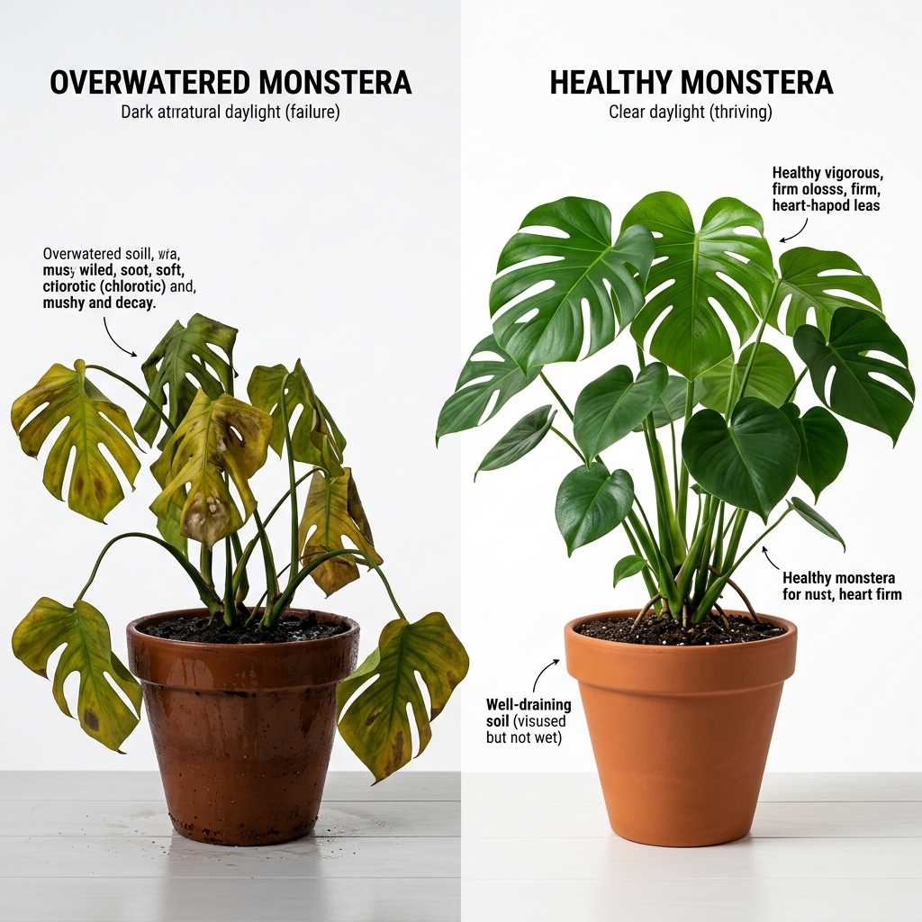 Side-by-side comparison of an overwatered monstera with drooping yellow leaves versus a healthy thriving monstera