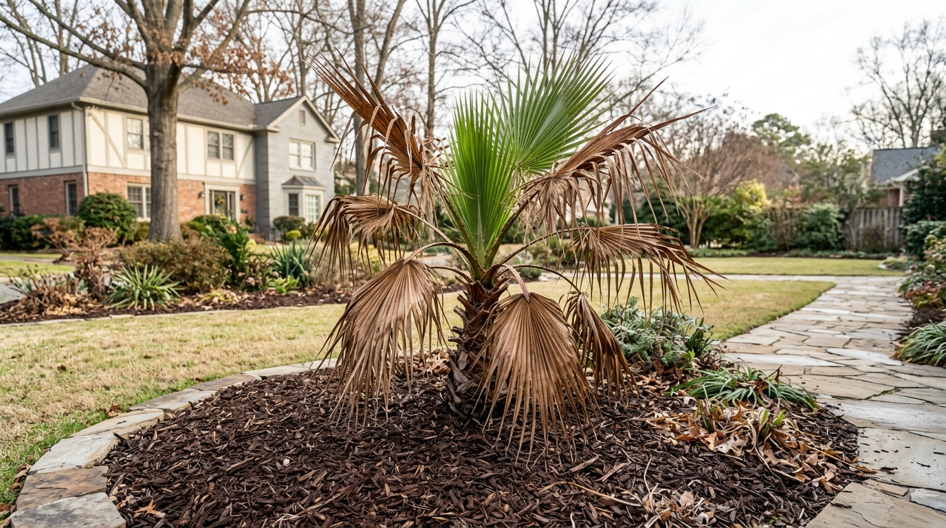 Landscape palm tree in a mulch bed after a hard freeze with brown dried outer fronds left intact around the crown in soft winter sunlight