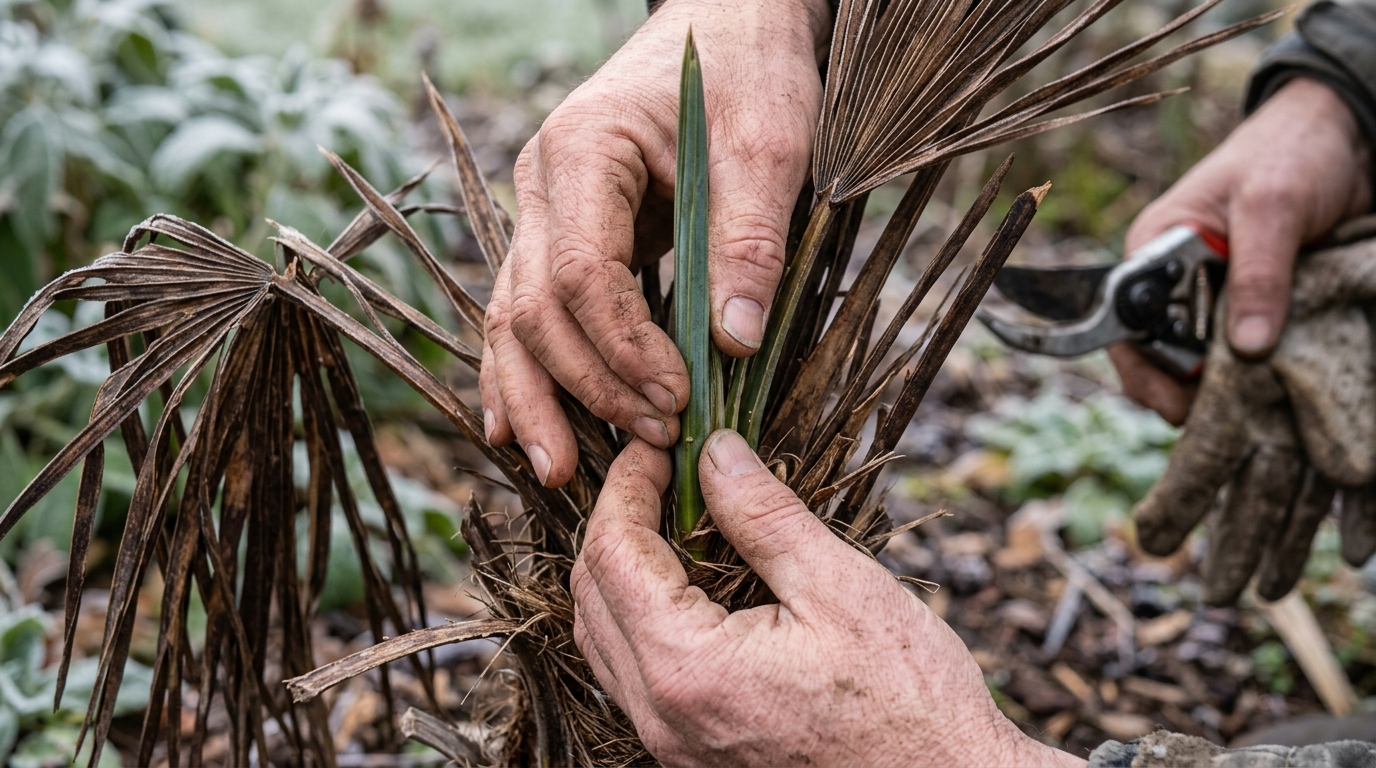 Gardener gently inspecting the central spear leaf of a freeze-damaged palm tree to verify the growing point remains firm and viable