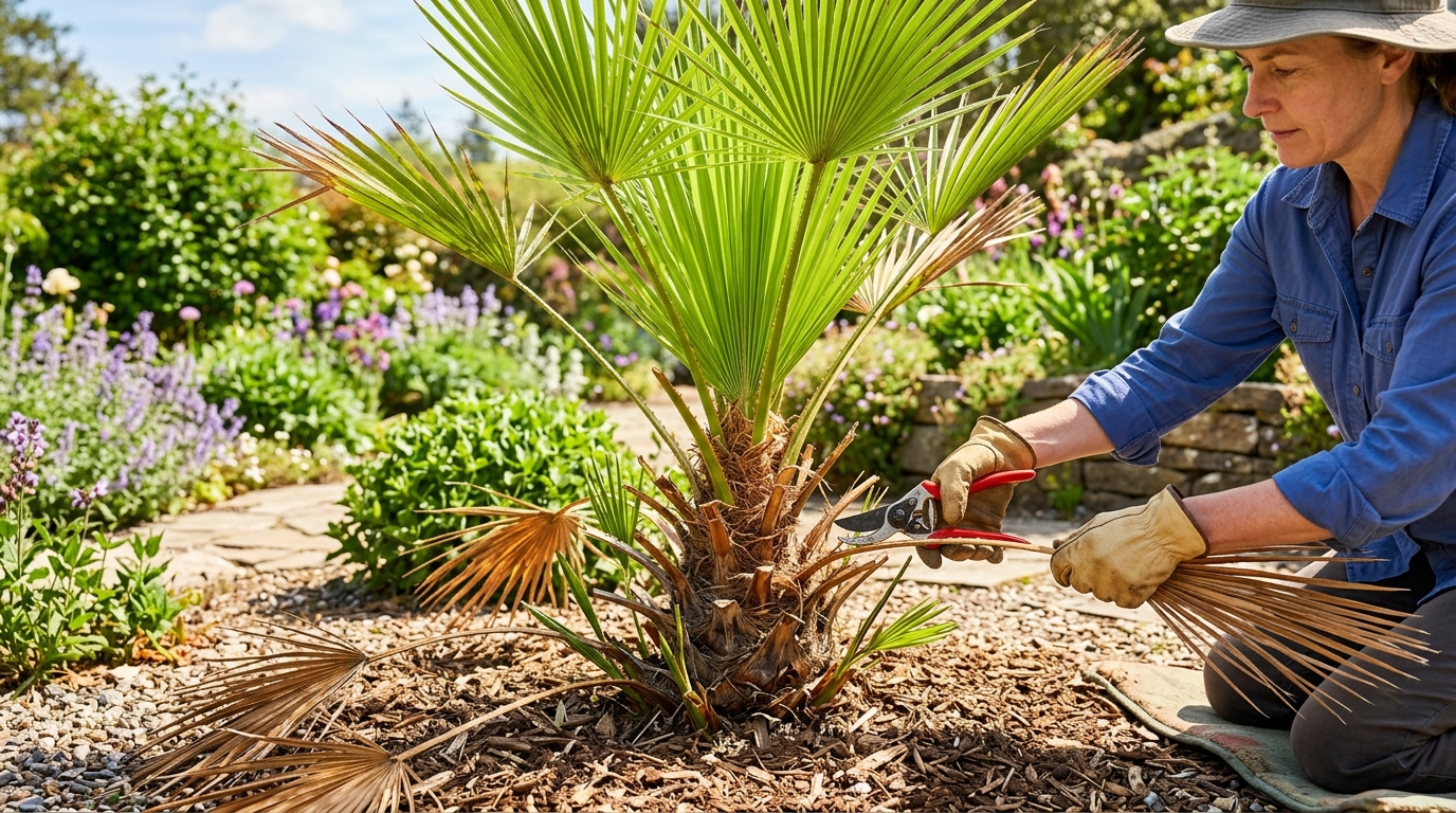 Gardener in early spring carefully pruning completely dried lower palm fronds while vibrant new green spear fronds expand vigorously from the crown