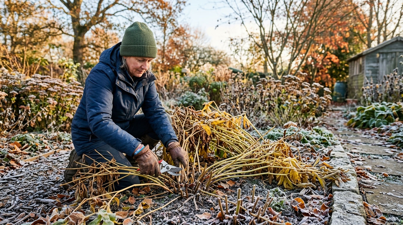 Gardener cleanly cutting back frost-destroyed yellow-brown peony stems near ground level with sharp bypass shears in late autumn