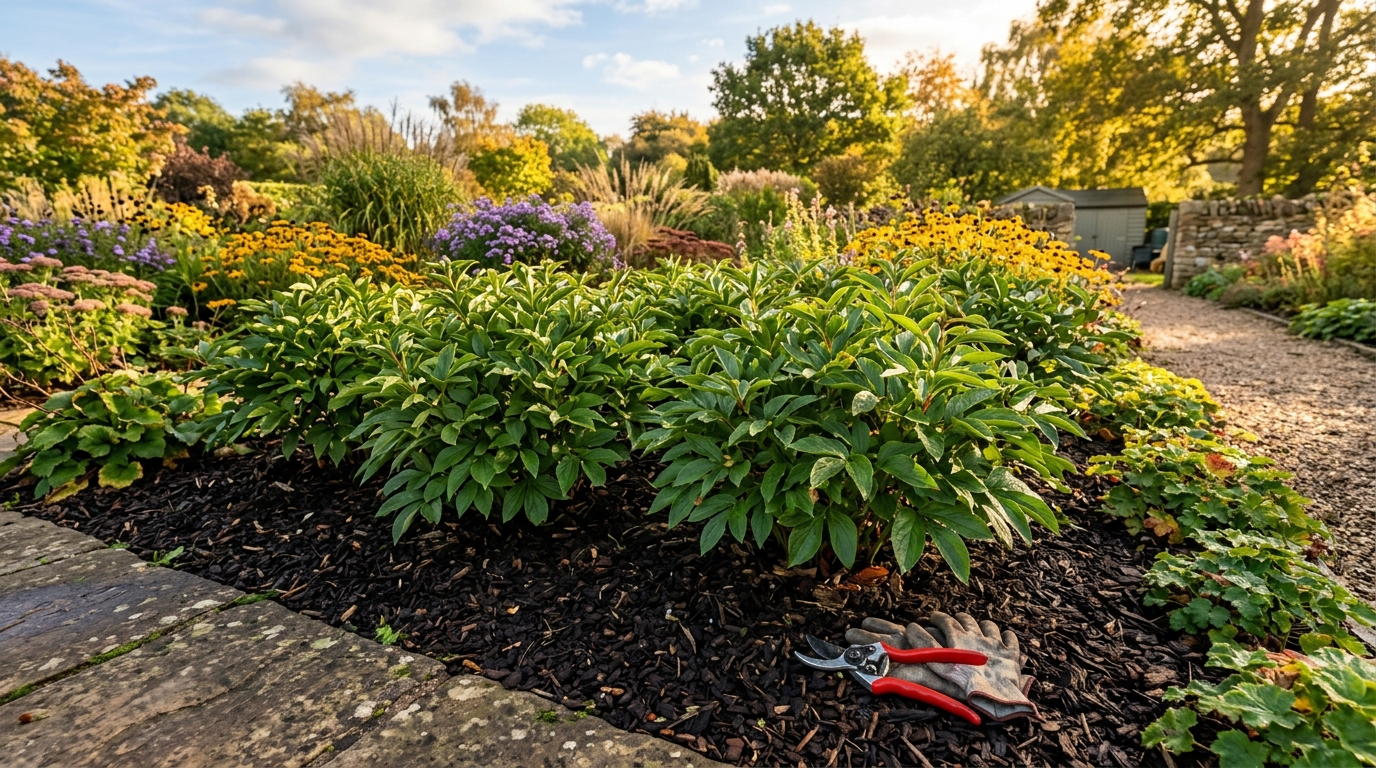 Lush green herbaceous peony foliage standing untouched in a late September garden bed with bypass pruners resting safely on gloves