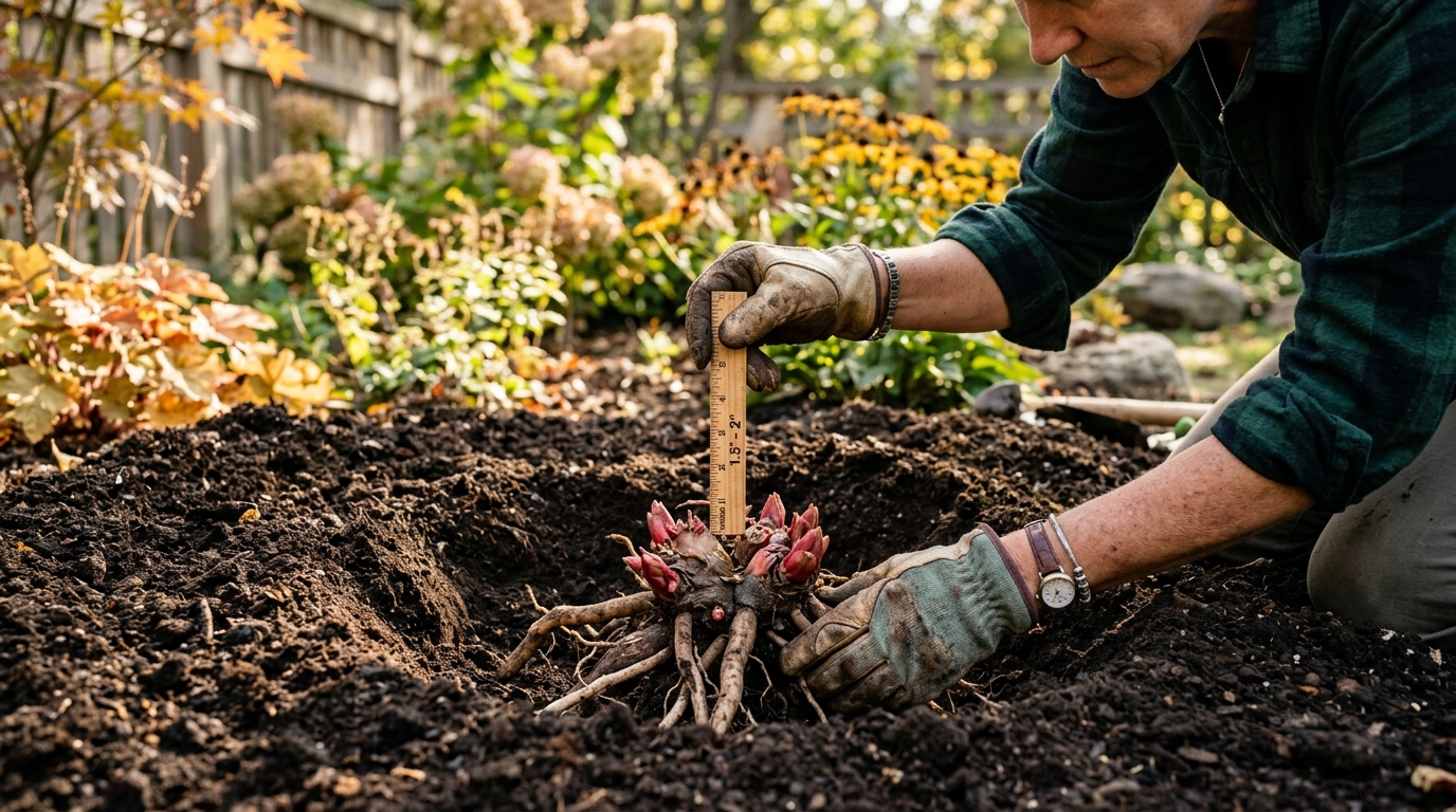 Gardener measuring herbaceous peony planting depth with wooden ruler showing root eyes exactly 1.5 to 2 inches below soil surface