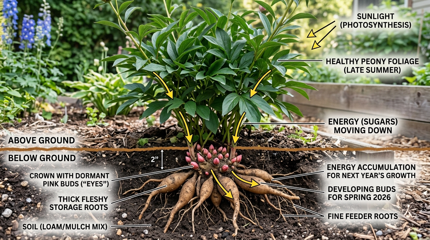 Cross-section diagram of an herbaceous peony showing green foliage capturing sunlight and translocating carbohydrates down to storage roots and pink crown eyes